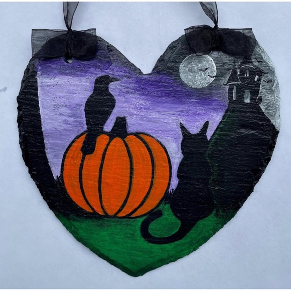 Hand Painted Slate‎ Halloween Pumpkin, Cat, Crow, Full Moon, Haunted House